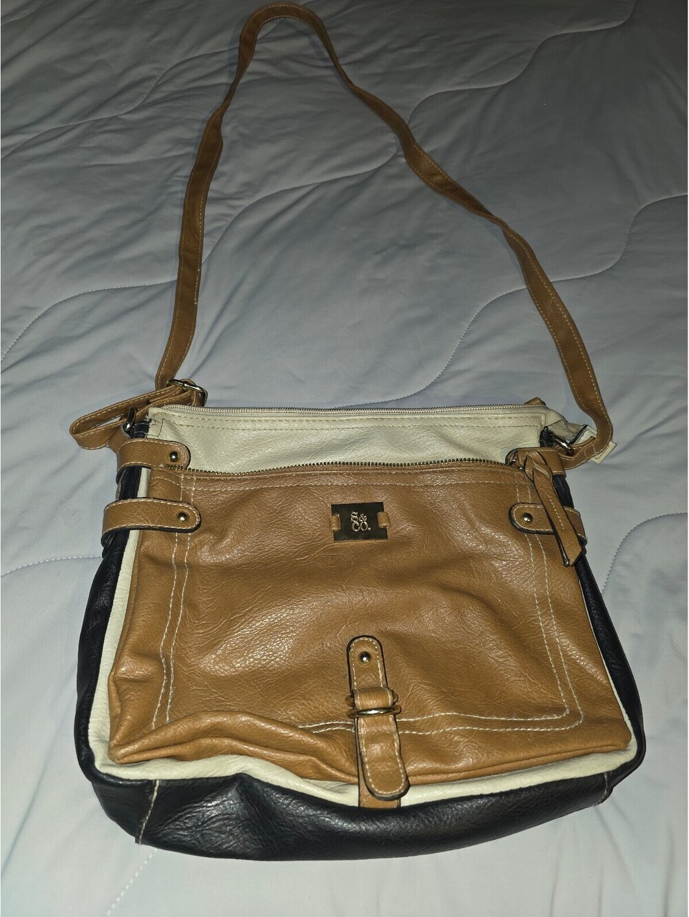 S&Co. Women’s Black Tan Crossbody Bag Buckle Accent Zip Closure Detachable Strap